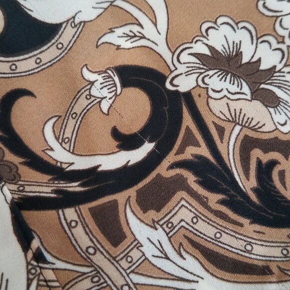 7th Avenue Paisley Blouse LARGE Black Brown Tan Pink Ruffle Button Front V Neck  - Picture 10 of 15